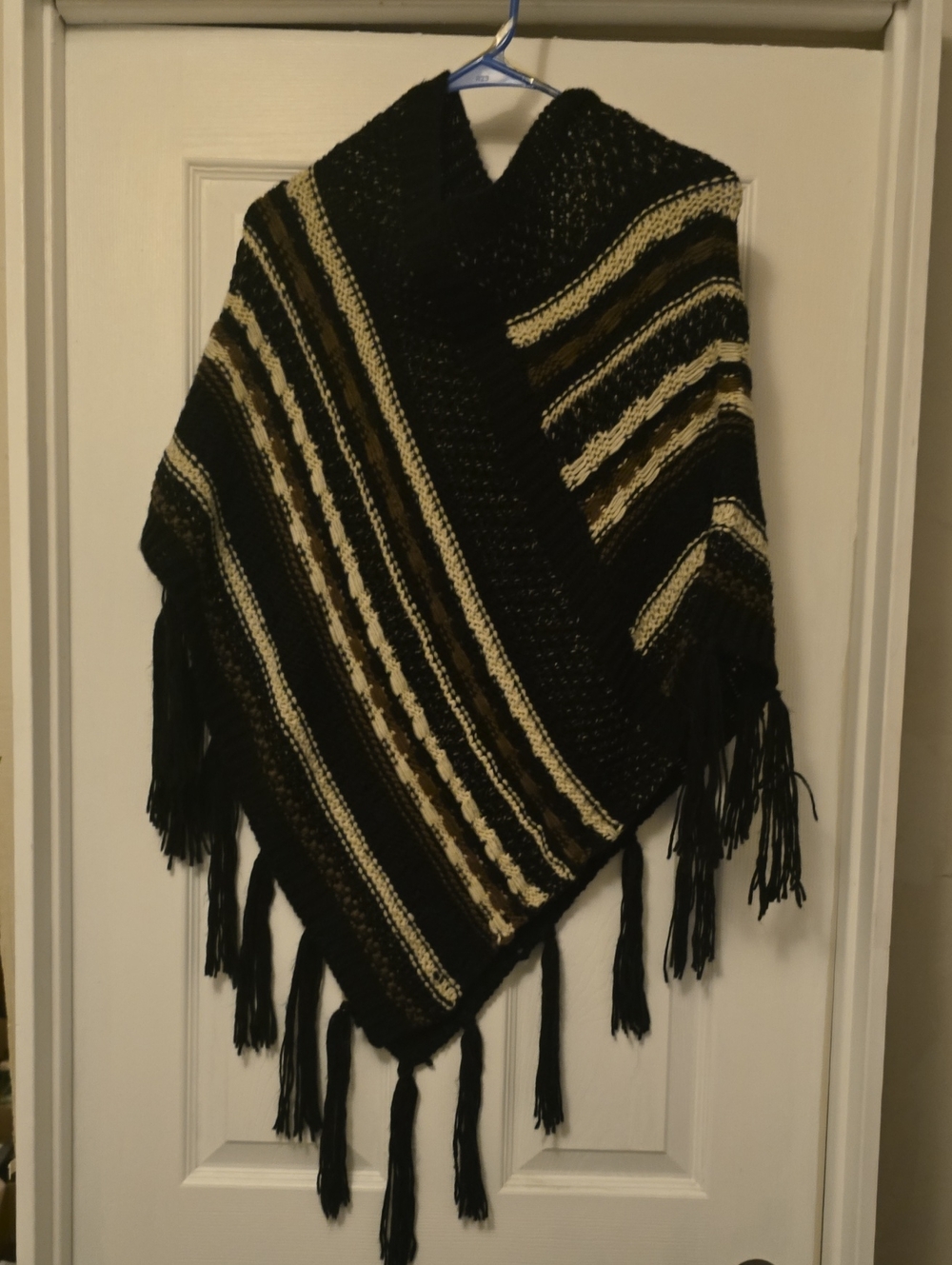 Cracker Barrel Black, Cream and Brown Striped Knit Poncho with Fringe